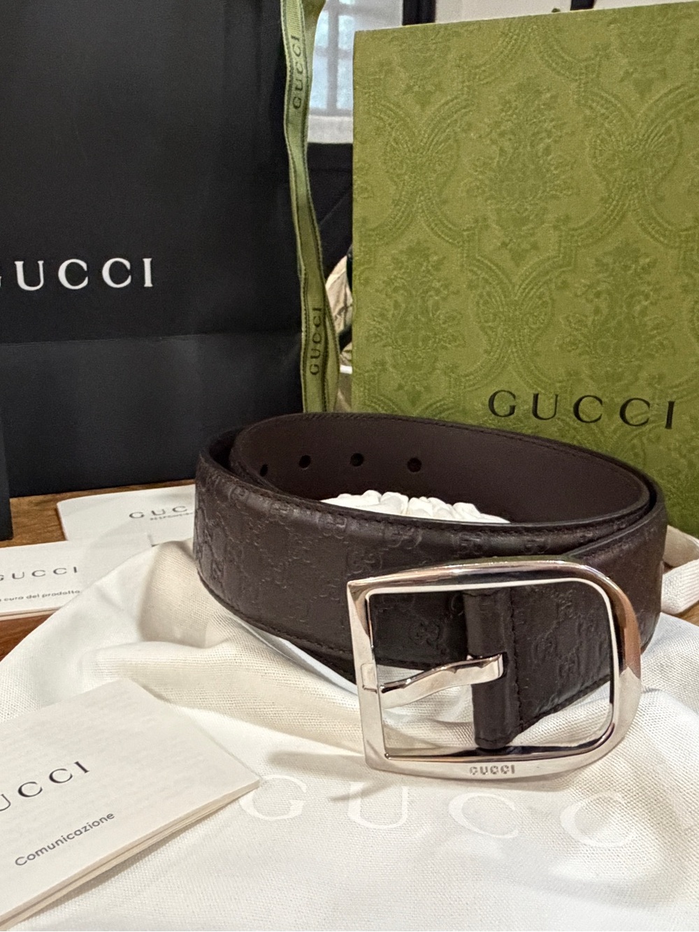 Gucci Guccissima Black Leather Belt Silver Tone Buckle Italy Size 75 30